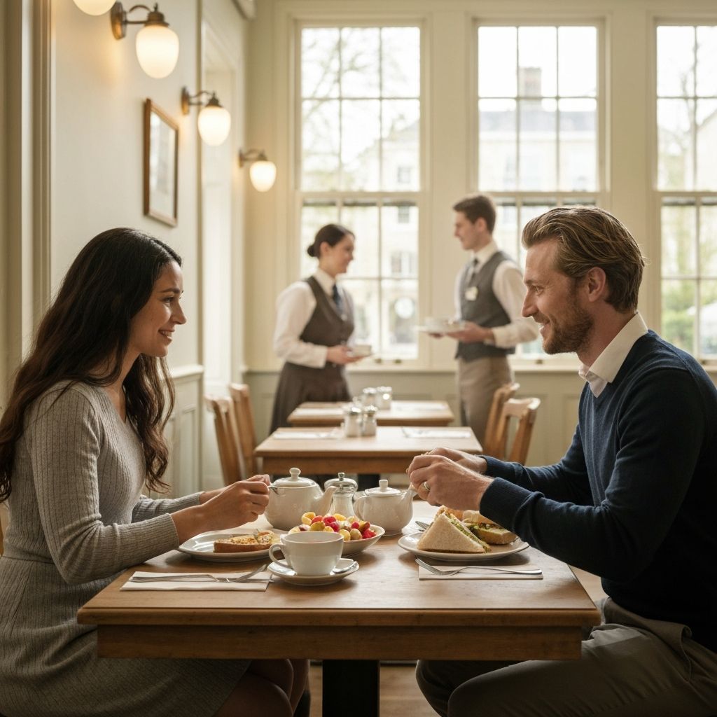 Two people sharing a relaxed lunch at a calm UK café with natural light