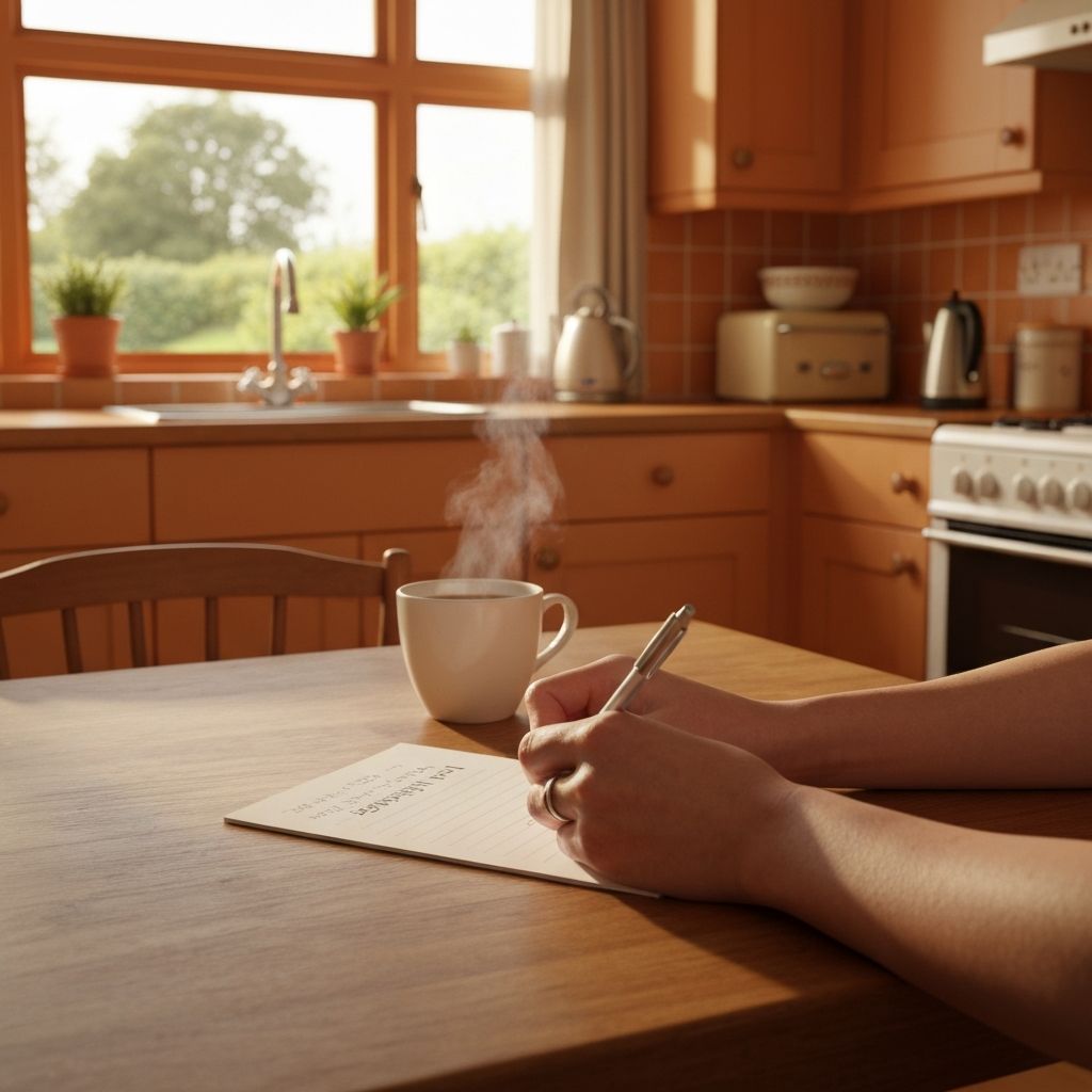 Hands writing a shopping list at a kitchen table with morning tea